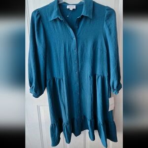 Tahari Teal Breeze Babydoll Blouse Flowy Button Front Tiered Tunic Sz 10